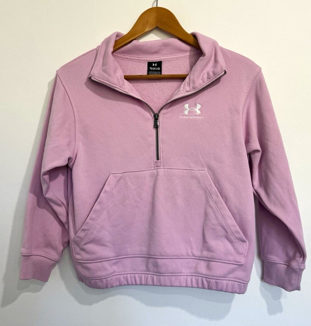 Under Armour Girls S Pink Solid 1/4 Zip Pullover Sweatshirt Pockets Logo#1122